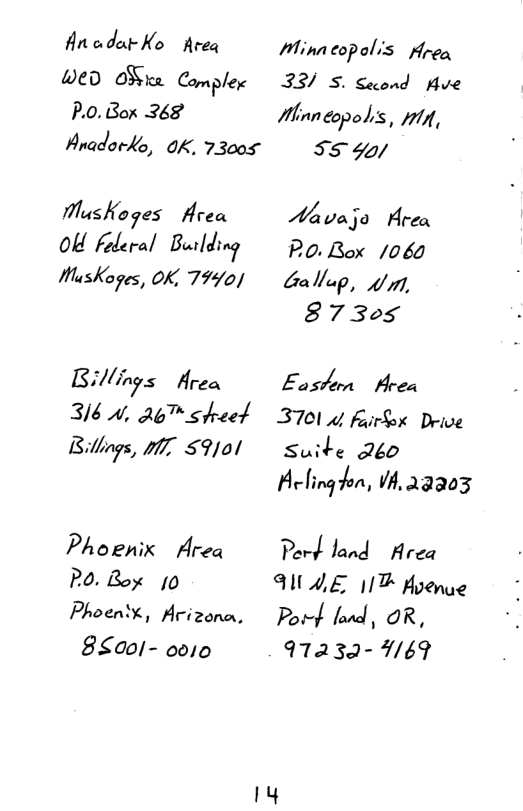 AnadarKo Areq Minneopalis Hrea DD ONie Complex 33/ S. Sacond Ave P.0.Box 368 //t’nflea’)o/ts, »i, Aradorko, ok, 73005 7% MusKoges Hrea /Vauaja Area Ol Feleral Butlding R0 Rox 1060 MusKoges, OK. 7950/ tra Wap, 4m, 87305 Billings Hrea Eoston Hrea 3/6 A, 26T Stheet 3701 4l foirSox Drive Billiags, 10 $9J01 suite 260 Aclingon, VA, 23303 Phoenix Area Perd land Area PO. Box 0 AUALE 11T Hyenve Phoen’%, Arizona, Porf lnd, OR, 8Saoi- o010 97232- 969 m